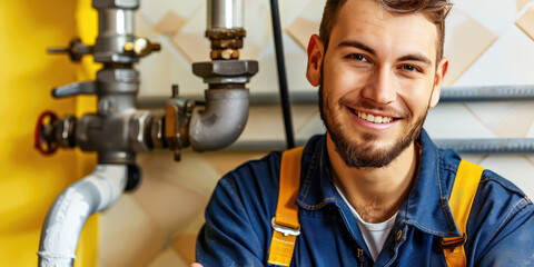 Wall Mural - Plumber worker man smiling on colored background with copy space. Young Plumber in uniform banner template.