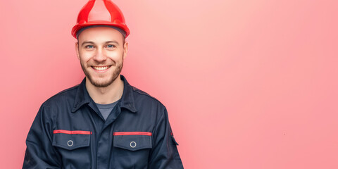 Wall Mural - Plumber worker man smiling on colored background with copy space. Young Plumber in uniform banner template.