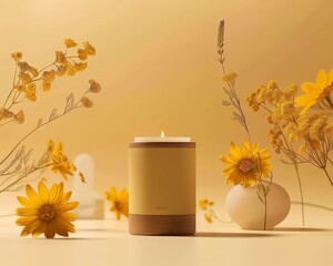 Organic candle packaging mockup on yellow background with floral fragrance for a serene atmosphere