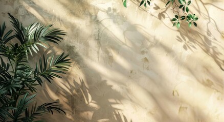 Wall Mural - Sunlight Streaming Through Window Casting Leaf Shadows on White Wall