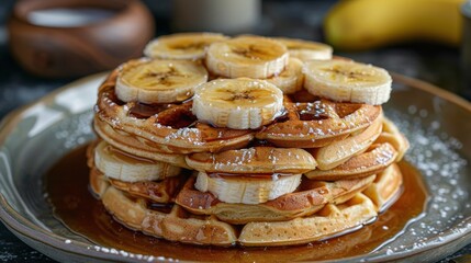 Wall Mural - Delicious Stack of Buttery Waffles Topped With Fresh Banana Slices and Drizzled With Sweet Syrup