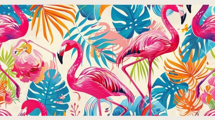 A bright and colorful pattern inspired by tropical Hawaiian landscapes. It features elegant flamingo birds, perfect for a vivid and playful background.