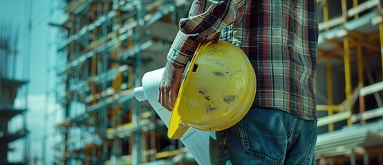 Poster - Construction worker wearing a hard hat and holding blueprints at a construction site