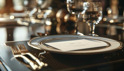 Luxury fine dining table setting for romantic event invitation with black copy space banner