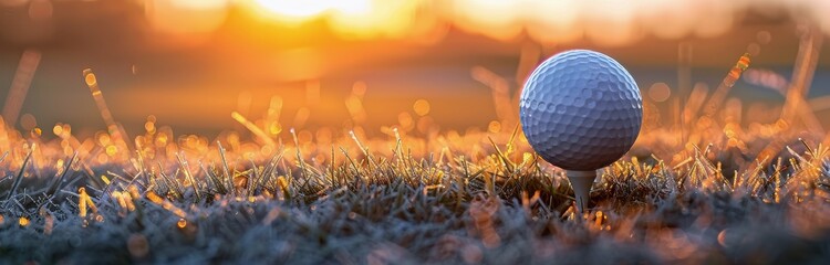 Canvas Print - Golf Ball on Tee at Sunrise on a Grassy Golf Course