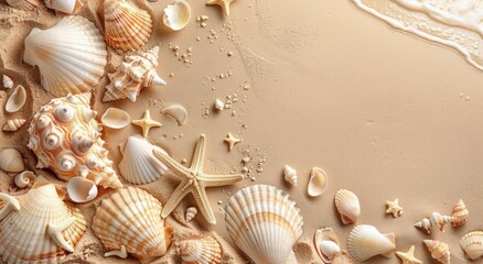 Wall Mural - Seashells and Starfish on Sandy Beach Background