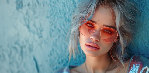 Wall Mural - Woman With Grey Hair and Sunglasses Posing in Front of a Red Wall