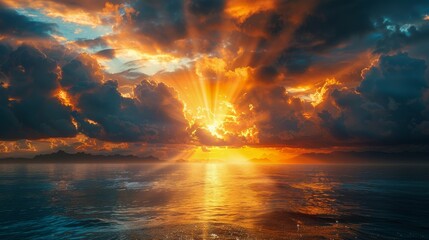 Sticker - Dramatic Sunset Over the Ocean With Golden Rays of Light