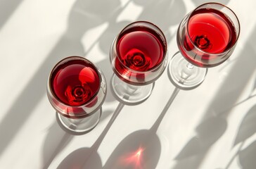 Wall Mural - Two Glasses of Red Wine With Leaf Shadows on a White Surface