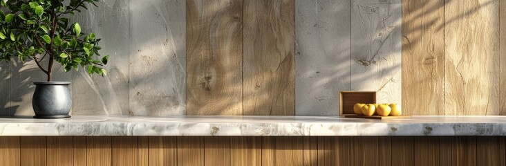 Wall Mural - White Marble Countertop With Wooden Wall and Greenery in Sunlight