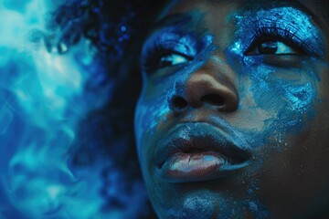 Poster - A person with blue face paint in a close-up shot