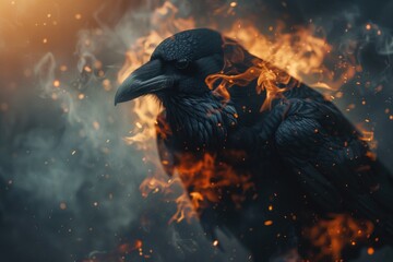 Wall Mural - A black bird sits on top of a fire-covered ground, surrounded by warm embers