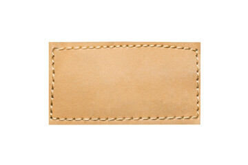 brown leather belt strap closeup isolated on white. brown stitched leather seam frame label tag isol