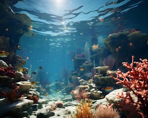 Wall Mural - Underwater panorama of coral reef with fish and corals.