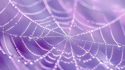 Macro Photography of Dewdrops on a Spider Web in Purple Pastel Tones with Bokeh Background
