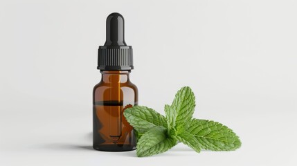 Poster - A bottle of essential oil placed next to a spray of fresh mint, suitable for health and wellness themed images or illustrations