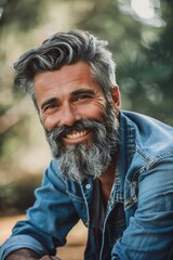 Aufkleber - Portrait of a man with a beard and wearing a denim shirt, suitable for use in editorial or lifestyle contexts