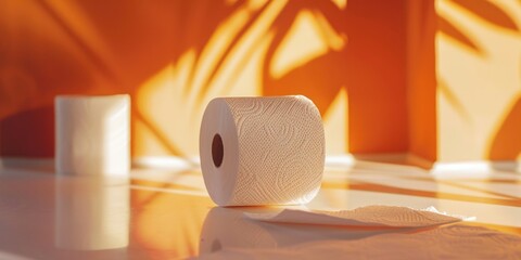 Poster - A single roll of toilet paper placed on a countertop, perfect for various scenarios such as bathrooms, offices, or homes