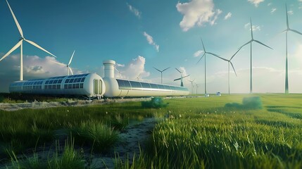 Hydrogen pipeline and wind turbines in the background illustrating green hydrogen production concept for eco-friendly energy