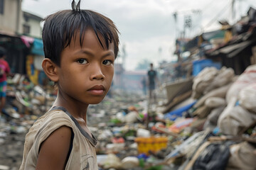 Wall Mural - closeup of a poor staring hungry orphan boy in a refugee camp with sad expression on his face and his face and clothes are dirty and his eyes are full of pain