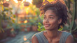 © Hoody Baba - Beautiful Black Woman with Freckles and Natural Hair Smiling in a Garden with Golden Hour Lighting Diversity and Wellness in Nature Stock Photo
