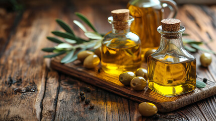 olive oil displayed in a classic setting with a rustic, textured background