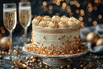 A cake with gold sprinkles on top of a white plate sits on a table with two cham