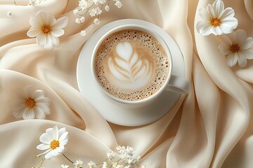 Wall Mural - A white coffee cup with a heart design on it sits on a white cloth with flowers