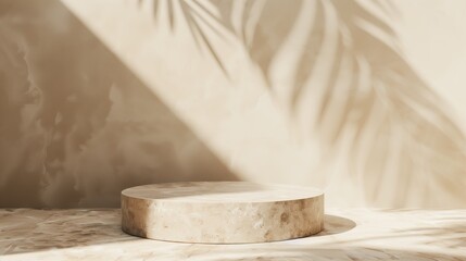 Poster - Sandstone podium with palm shadow backdrop for luxury product displays in a minimalist aesthetic.