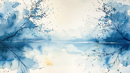 Wall Mural - Abstract Watercolor Landscape Painting, Serene Blue Lake with Trees, Minimalist Nature Art Print, Calming Wall Decor, Tranquil Water Reflection, Peaceful Scenery Artwork, Modern Home Decor