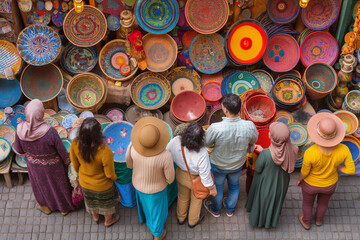 A group of people are standing in front of a table full of colorful bowls