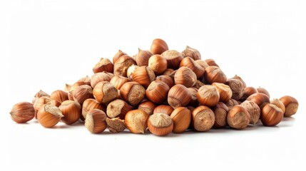 Poster - A pile of hazel nuts arranged neatly on a white surface, perfect for food photography or decorative purposes