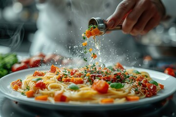 Wall Mural - A chef sprinkling Parmesan cheese on a plate of pasta