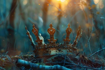 Aufkleber - A crown sits in the midst of a forest, surrounded by trees and foliage