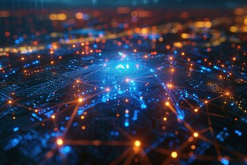 Poster - A computer generated image of a cityscape with a blue and orange glow