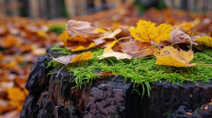 Poster - A pile of fallen leaves sits atop a weathered tree stump, perfect for autumn or nature-inspired designs