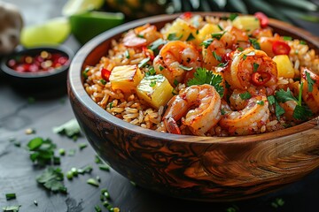 Wall Mural - A bowl of shrimp and rice with a side of cilantro