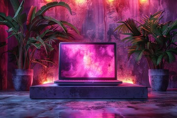 Poster - A laptop is on a table in front of two potted plants