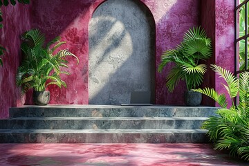 Wall Mural - A room with a pink wall and a green archway