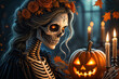 © Aleksei Solovev - Skeletal figure with glowing eyes, holding a jack-o'-lantern and surrounded by autumn leaves and lit candles.