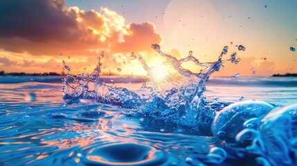 Poster - Spectacular tropical sunset view with blue water splash and clouds ideal for summer vacations