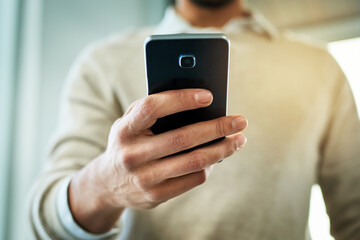 Aufkleber - Businessman, hands or typing on smartphone with communication for mobile chat, web research or browsing. Person, phone and internet scrolling for social media, reading news or downloading information