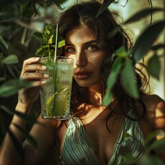 Wall Mural - Woman in Lush Garden with Mojito Drink