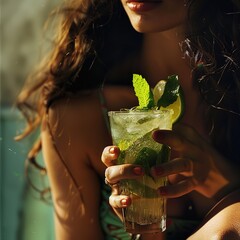 Wall Mural - Woman in Lush Garden with Mojito Drink