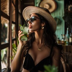 Poster - Woman Enjoying Mojito by Window in Sunlight