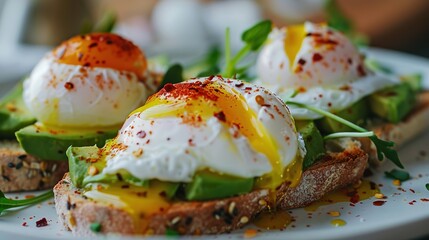 Wall Mural - A_closeup_shot_of_avocado_toast_topped_with_poached_eggs