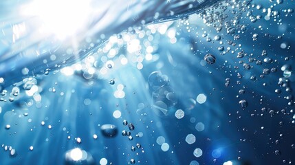 Canvas Print - Blue blurry water surface with bubbles and splashes Abstract nature background with sunlight reflections