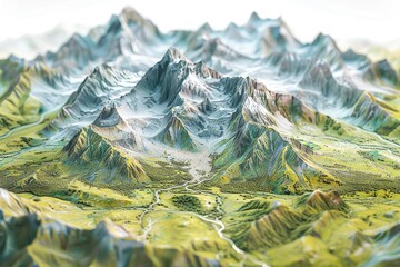 Poster - A serene mountain landscape featuring a winding river flowing through it, suitable for use in travel or nature-themed projects