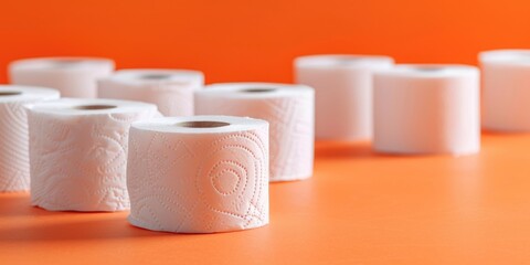 Poster - Several rolls of toilet paper sitting on a table, often used in bathroom or office settings