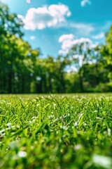 Poster - A serene scene featuring a lush green field with tall trees in the background, perfect for use in nature-inspired designs or backgrounds